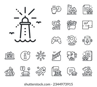 Beacon tower sign. Floor plan, stairs and lounge room outline icons. Lighthouse line icon. Searchlight building symbol. Lighthouse line sign. House mortgage, sell building icon. Real estate. Vector