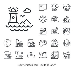 Beacon tower sign. Floor plan, stairs and lounge room outline icons. Lighthouse line icon. Searchlight building symbol. Lighthouse line sign. House mortgage, sell building icon. Real estate. Vector