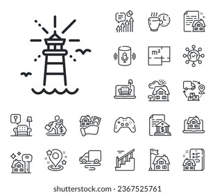 Beacon tower sign. Floor plan, stairs and lounge room outline icons. Lighthouse line icon. Searchlight building symbol. Lighthouse line sign. House mortgage, sell building icon. Real estate. Vector