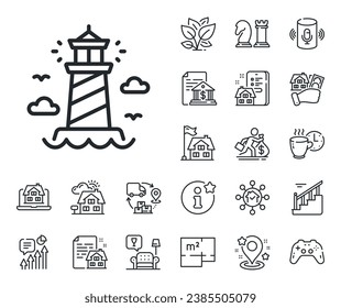 Beacon tower sign. Floor plan, stairs and lounge room outline icons. Lighthouse line icon. Searchlight building symbol. Lighthouse line sign. House mortgage, sell building icon. Real estate. Vector