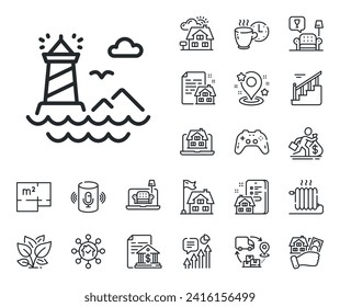 Beacon tower sign. Floor plan, stairs and lounge room outline icons. Lighthouse line icon. Searchlight building symbol. Lighthouse line sign. House mortgage, sell building icon. Real estate. Vector