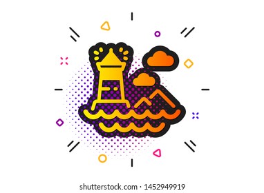 Beacon tower sign. Halftone circles pattern. Lighthouse icon. Searchlight building symbol. Classic flat lighthouse icon. Vector