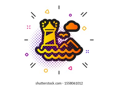 Beacon tower sign. Halftone circles pattern. Lighthouse icon. Searchlight building symbol. Classic flat lighthouse icon. Vector