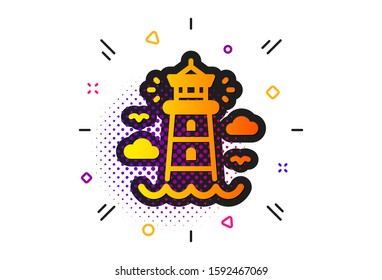 Beacon tower sign. Halftone circles pattern. Lighthouse icon. Searchlight building symbol. Classic flat lighthouse icon. Vector
