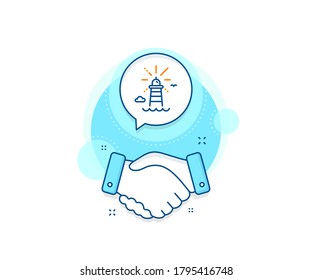 Beacon tower sign. Handshake deal complex icon. Lighthouse line icon. Searchlight building symbol. Agreement shaking hands banner. Lighthouse sign. Vector
