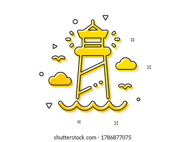 Beacon tower sign. Lighthouse icon. Searchlight building symbol. Yellow circles pattern. Classic lighthouse icon. Geometric elements. Vector