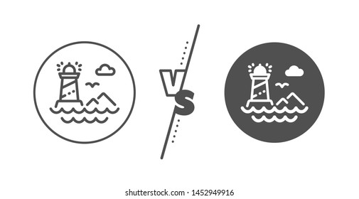 Beacon tower sign. Versus concept. Lighthouse line icon. Searchlight building symbol. Line vs classic lighthouse icon. Vector