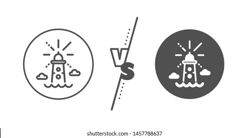 Beacon tower sign. Versus concept. Lighthouse line icon. Searchlight building symbol. Line vs classic lighthouse icon. Vector
