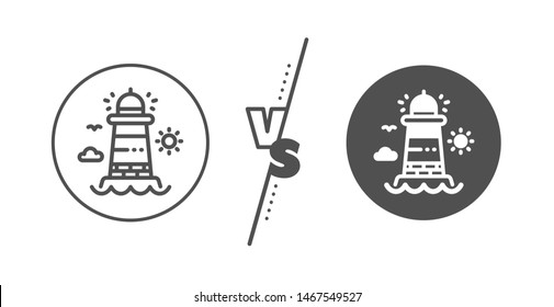Beacon tower sign. Versus concept. Lighthouse line icon. Searchlight building symbol. Line vs classic lighthouse icon. Vector