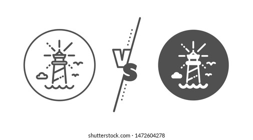 Beacon tower sign. Versus concept. Lighthouse line icon. Searchlight building symbol. Line vs classic lighthouse icon. Vector