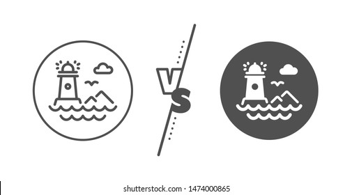 Beacon tower sign. Versus concept. Lighthouse line icon. Searchlight building symbol. Line vs classic lighthouse icon. Vector