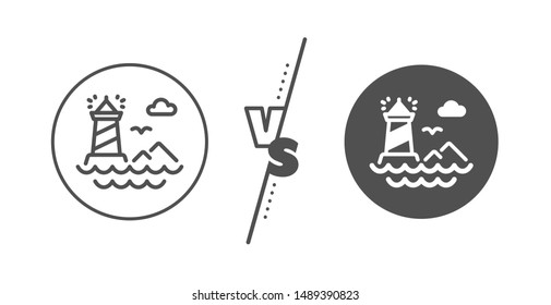 Beacon tower sign. Versus concept. Lighthouse line icon. Searchlight building symbol. Line vs classic lighthouse icon. Vector