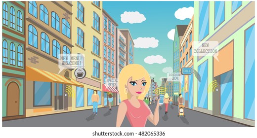 Beacon wireless connection Technology vector illustration. Women on the Street with shops and cafe