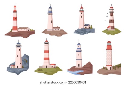 Beacons and lighthouses by seaside or coast giving light to navigate and guide ships in sea or ocean. Tower structure with signal. Vector in flat style