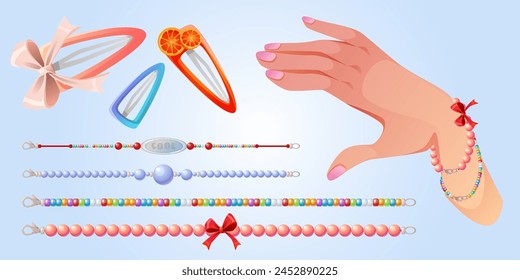 Bead bracelet on hand and girl accessory vector illustration. Jewelry craft design with clasp. Isolated hippie woman fashion jewellery made of beads material with red bow. Hair pin fruit decoration