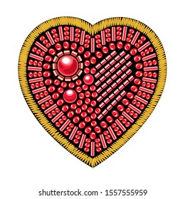 Bead brooch in the shape of a heart. Heart symbol Isolated on a white background. Vector illustration. Heart patch on clothes.