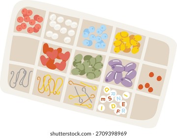 Bead organizer tray with assorted shapes, soft flat shading, clean outlines, and top view layout. Craft storage box showing mixed beads, findings, letters. Cartoon vector illustration