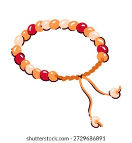 Beaded bracelet with colorful beads. Adjustable cord bracelet, round glossy beads, red orange beige tones, playful shapes. Handmade jewelry style, cartoon vector illustration.