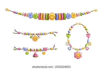 Beaded Bracelets Featuring Playful Designs Including Smile Faces And Flowers Ideal For Children Or Fashion Accessories