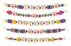 Beaded Bracelets. Friendship Funky Bracelets, Handmade Plastic Beads Bracelet. Kids Cute Accessories With Words Friends And Love Flat Vector Illustration Set