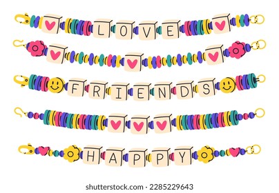 Beaded bracelets. Friendship funky bracelets, handmade plastic beads bracelet. Kids cute accessories with words friends and love flat vector illustration set