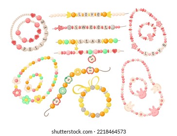 Premium Vector  Handcraft friendship bracelets plastic bead bracelets old  school kids handmade accessories with colored beads flat vector  illustration set