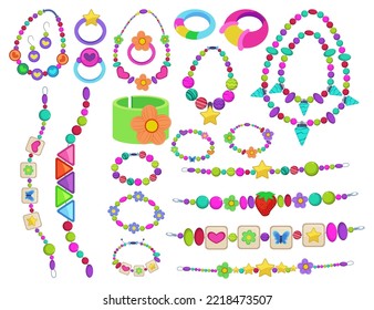 Beaded bracelets and necklaces for kids vector illustrations set. Collection of cute bracelets and necklaces from plastic beads, jewelry for children on white background. Accessories, fashion concept