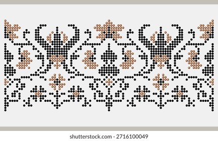 Beaded dotted repeat ornament with elegant botanical elements, Ukrainian embroidery from Poltava region in black and bronze colors