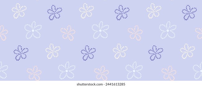 Beaded flowers pattern, seamless texture. Pastel blue naive ditsy floral retro vector background