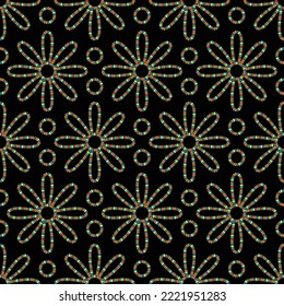 beaded flowers seamless vector pattern on black background 