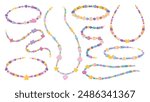 Beaded friendship bracelets and necklaces. Handmade jewelry, crafty DIY fashion accessories for kids and teens. Hippie bracelet, necklace string with love, BFF and friends beads vector set.