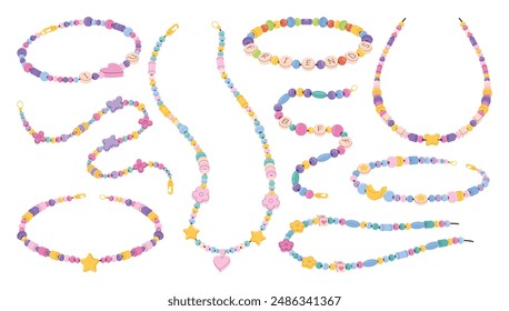 Beaded friendship bracelets and necklaces. Handmade jewelry, crafty DIY fashion accessories for kids and teens. Hippie bracelet, necklace string with love, BFF and friends beads vector set.