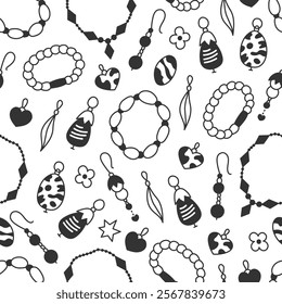 Beaded Jewelry Seamless Pattern. Black and white doodle background with falling bracelets, necklaces, earrings, and charms. Fashion accessories vector illustration