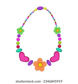 Beaded necklace for kids on white background. Jewelry from plastic beads, jewelry for children cartoon illustration. Accessories, fashion concept