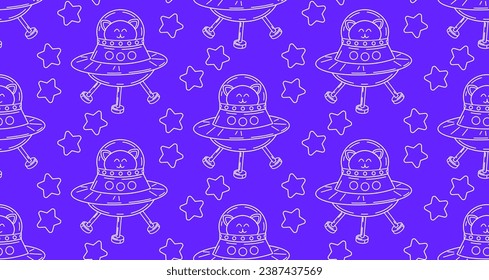Beaded pattern in doodle style. Vector background with cat character in space. Cute space cats. Wrapping paper, print, wallpaper.
