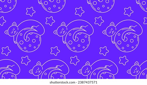 Beaded pattern in doodle style. Vector background with cat character in space. Cute space cats. Wrapping paper, print, wallpaper.