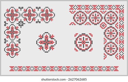 Padrões de elementos de bordas e cantos vermelhos e pretos frisados definidos com design de Odesa, ornamentos tradicionais ucranianos vyshyvanka