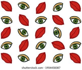 Beaded red lips and eyes. 3D vector illustration. 