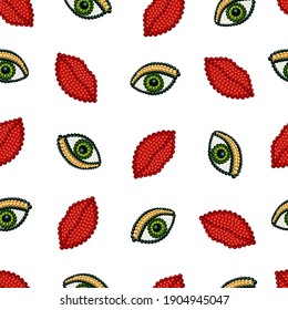 Ojos y labios rojos con rosca. Ilustración vectorial 3D. Patrón sin foco.