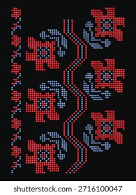 Beaded repeat ornament with red floral motifs on black, traditional Ukrainian embroidery of Poltava region. Seamless folk vector pattern