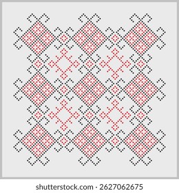 Estilo frisado bordado ucraniano tradicional, padrão folclórico sem costura da região de Mykolaiv em vermelho e preto com formas rombus