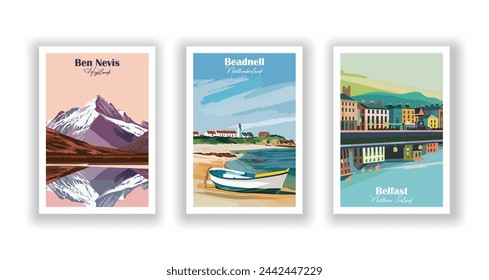 Beadnell, Northumberland. Belfast, Northern Ireland. Ben Nevis, Highlands - Set of 3 Vintage Travel Posters. Vector illustration. High Quality Prints