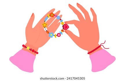 Beads bracelet in hands. Cartoon cute bracelet made of colorful beads different shapes and color. Plastic jewelry for wrist. Friendship retro bracelet with hand isolated on white background.