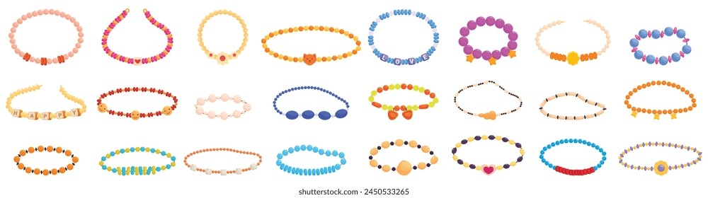 Conjunto de iconos de pulseras de abalorios Vector de dibujos animados. Moda plástica. Banda de decoración