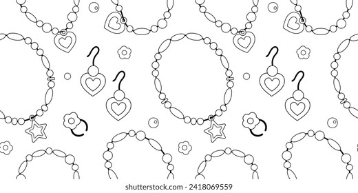 Beads bracelets, ring, earrings black and white.Cartoon bracelets seamless pattern in black and white. Children's plastic jewelry on wrist. Retro bracelets pattern on white background.