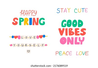 Beads bracelets with words and flat lettering. Quotes happy spring, good vibes only, peace, love and stay cute. Vector illustration in kidcore, 00s, 90s style