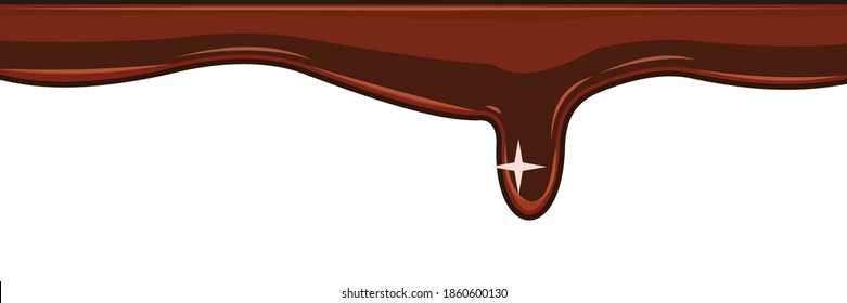Beads of brown liquid. Dark chocolate Sweet cream. Thick flowing paint. Slime. The drops are slipping. The isolated object on a white background. Flat cartoon style. Shine. Frame. Vector