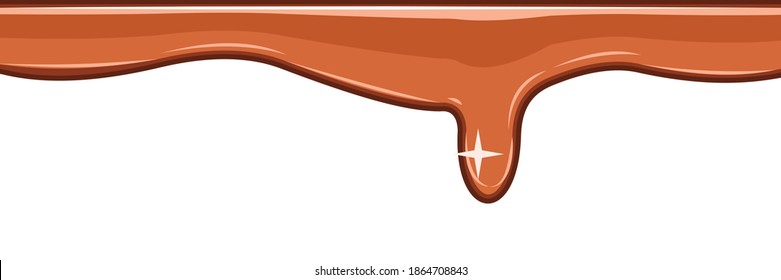 Beads of brown liquid. Light chocolate, caramel. Custard. Thick flowing paint. Slime. The drops are slipping. The isolated object on a white background. Flat cartoon style. Shine. Frame. Vector