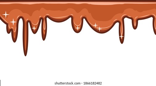 Colas de líquido marrón. chocolate ligero, caramelo. Custard. Espesa pintura flotante. Slime. Las gotas están resbalando. Objeto aislado sobre un fondo blanco. Estilo de caricatura plano. Brilla. Marco. Vector