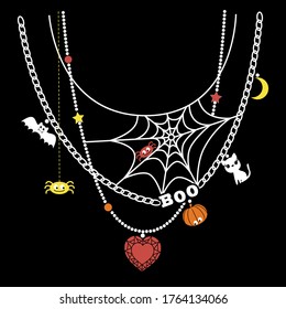 Beads with cartoon bad, pumpkin, spiders, cobwebs and cat. Halloween print for kids clothes. Vector illustration.